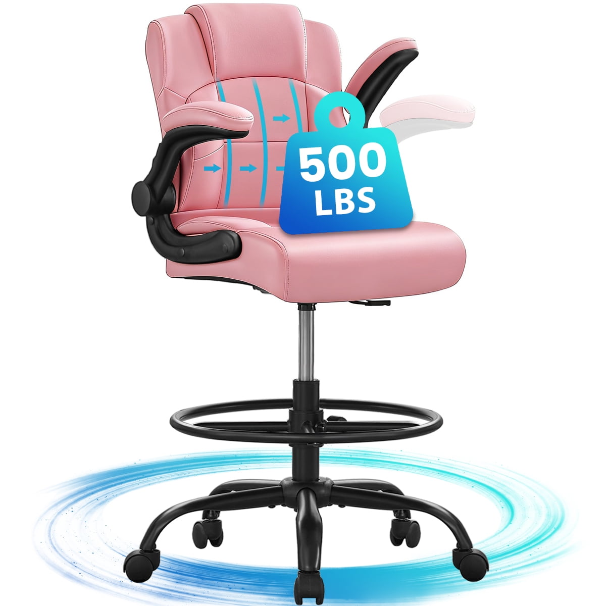 JONPONY 500 lbs Tall Office Chair with Flip-up Armrests for Standing Desk Executive Ergonomic Computer Leather Desk Chair with Lumbar Support, Adjustable Foot Ring for Home,Black