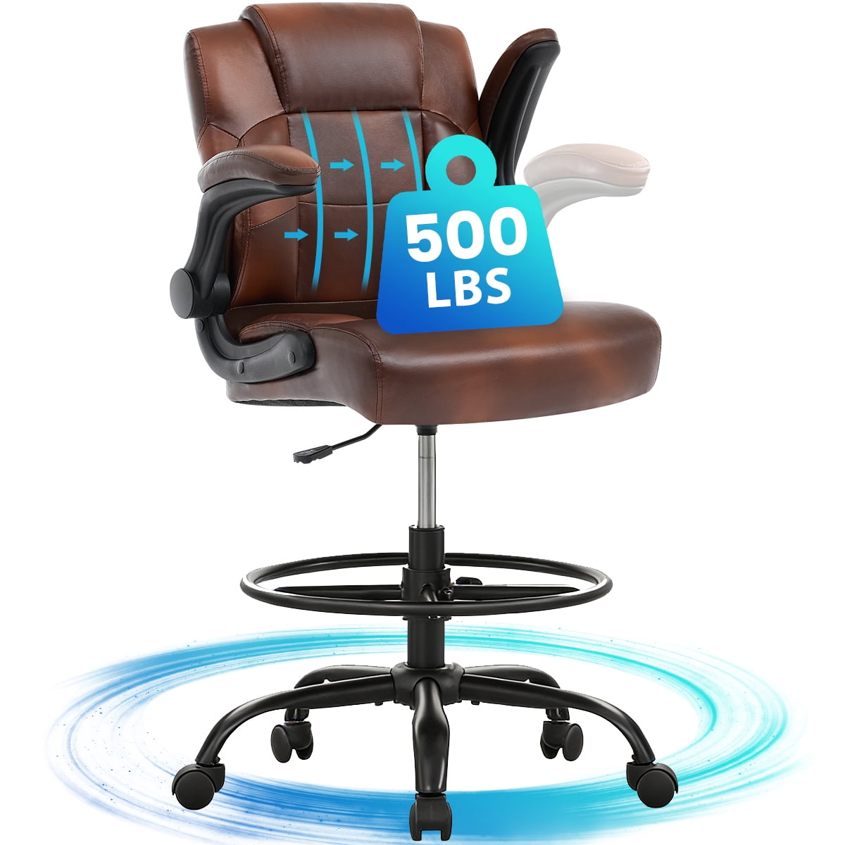 JONPONY 500 lbs Tall Office Chair with Flip-up Armrests for Standing Desk Executive Ergonomic Computer Leather Desk Chair with Lumbar Support, Adjustable Foot Ring for Home,Black