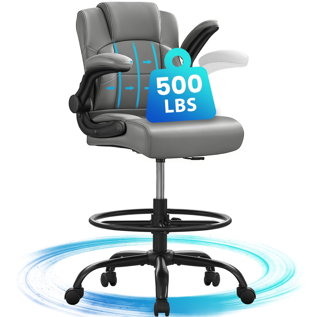 JONPONY 500 lbs Tall Office Chair with Flip-up Armrests for Standing Desk Executive Ergonomic Computer Leather Desk Chair with Lumbar Support, Adjustable Foot Ring for Home,Black