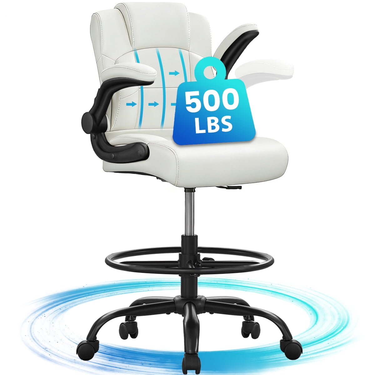 JONPONY 500 lbs Tall Office Chair with Flip-up Armrests for Standing Desk Executive Ergonomic Computer Leather Desk Chair with Lumbar Support, Adjustable Foot Ring for Home,Black