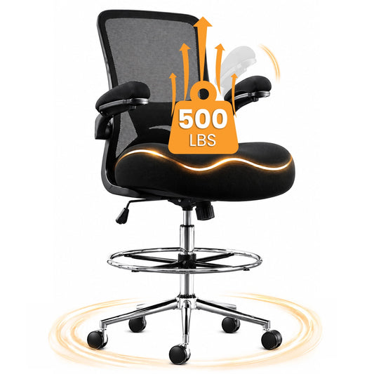 JONPONY 500lbs Big and Tall Office Chair with W-Shape Thicken Cushion, Ergonomic Office Chair with Flip-up Armrests, Breathable High Back Office Chair, Extra Wide Seat, Padded Armrests, Black