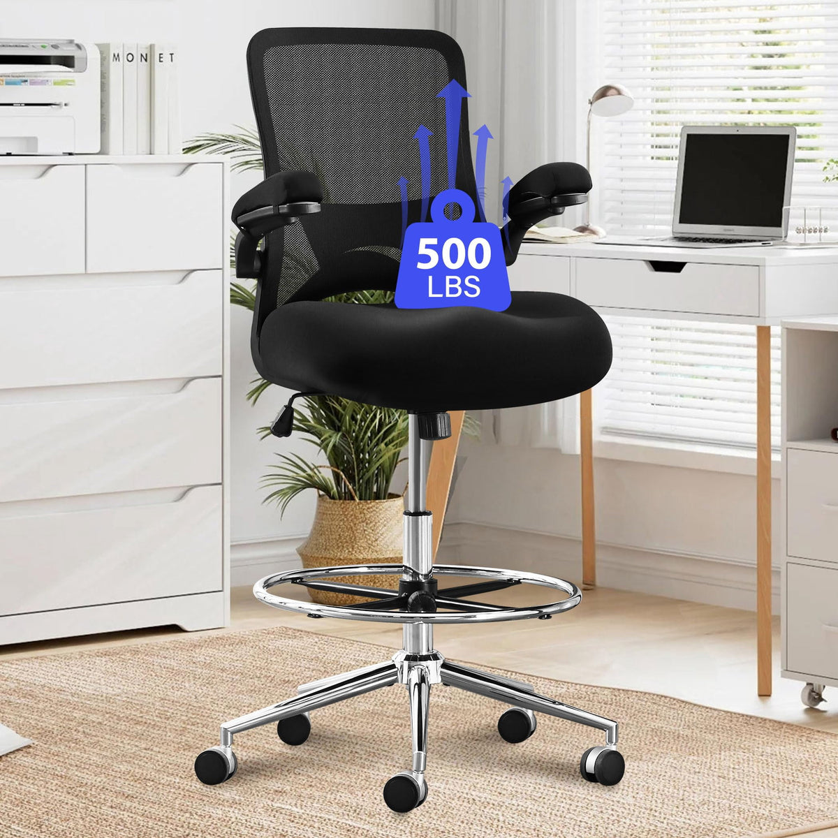 JONPONY 500lbs Big and Tall Office Chair with W-Shape Thicken Cushion, Ergonomic Office Chair with Flip-up Armrests, Breathable High Back Office Chair, Extra Wide Seat, Padded Armrests, Black