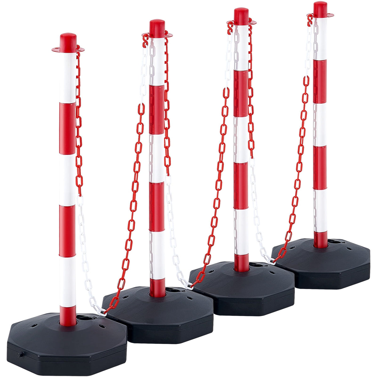 KFFKFF Movable Traffic Guide Post Cones, Set of 4, Safety Traffic Barrier with Loadable Base and 8FT Chain, Suitable for Traffic Regulation, Parking Area, Construction Warning, Roadway Caution