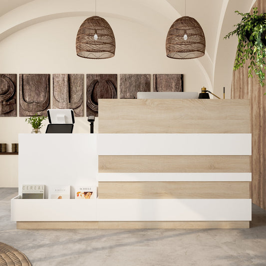 KULAGAGA Reception Desk with Drawer & Cabinet, Reception Counter Desk with Keyboard Tray, Front Reception Table Retail Counter for Checkout, for Office Store, Oak and White, 25.2”D x 87.2”W x 47.2”H