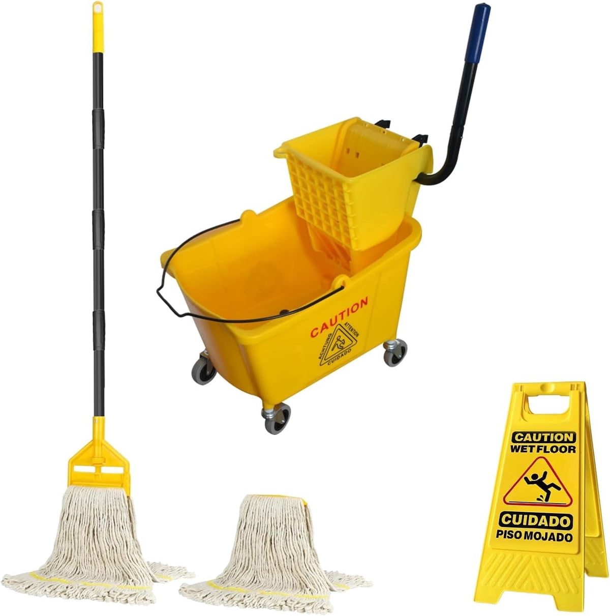KYascend Commercial Mop Bucket System, Side Press Wringer, 38Qt Yellow, Mobile with Wheels, Complete with 2 Mop Heads