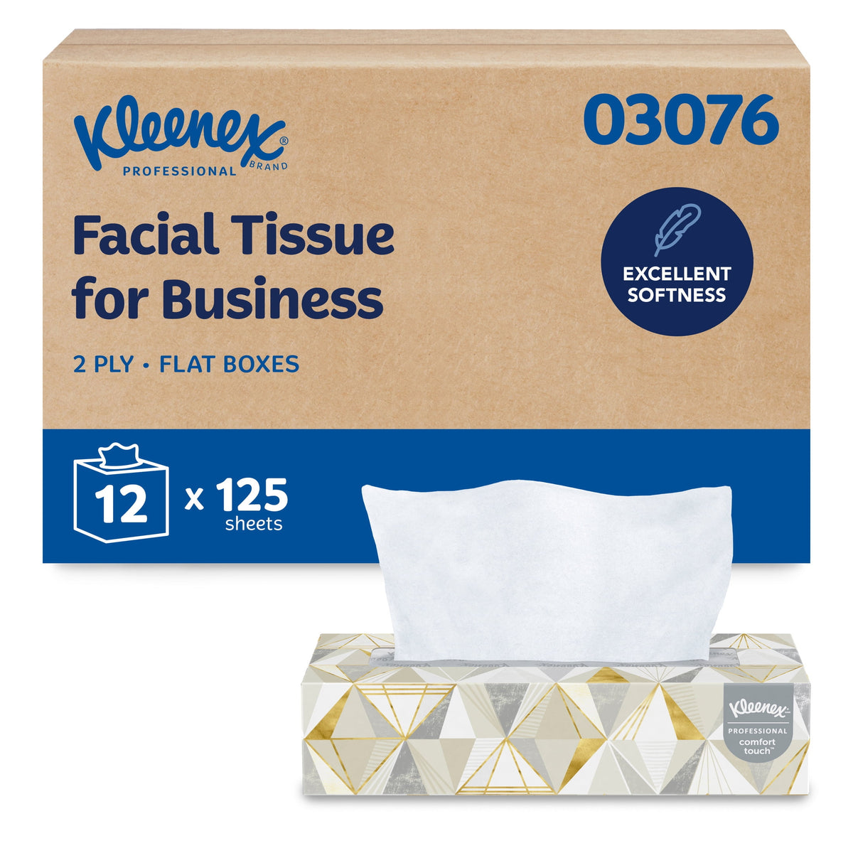 Kleenex® Professional Facial Tissue, Bulk (03076), 2-Ply, White, Flat Boxes Designed for Business, Convenience Case (12 Boxes, 125 Tissues Each)
