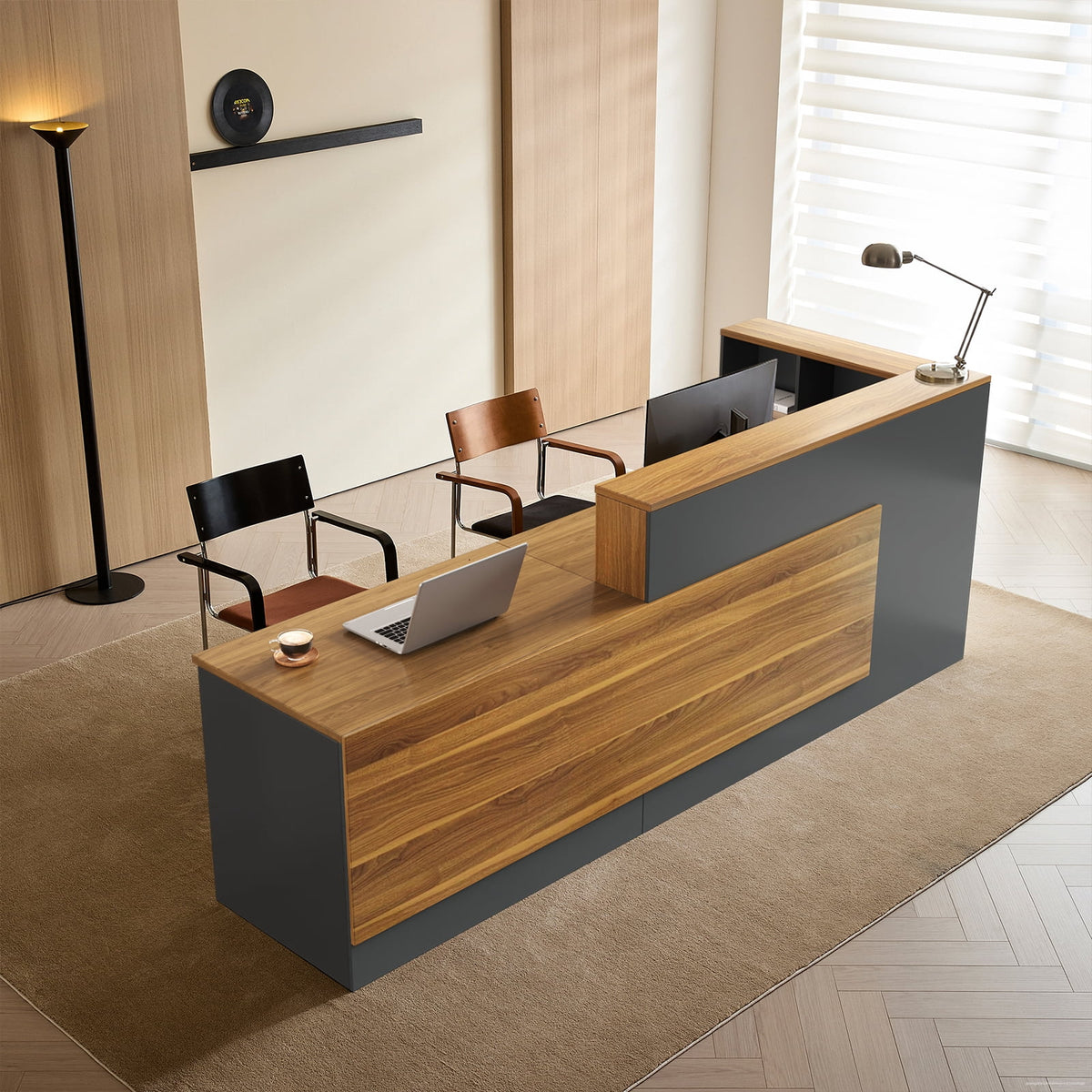 L-Shaped Reception Desk with Lockable Drawers and Storage Shelves, Multi-Functional Computer Desk for Office (Left Hand L-Shaped; Walnut & Iron Gray; 87"Lx 24"W x 41"H)