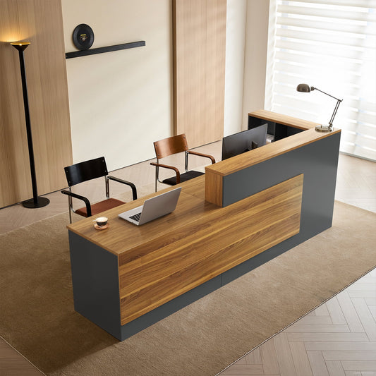 L-Shaped Reception Desk with Lockable Drawers and Storage Shelves, Multi-Functional Computer Desk for Office (Left Hand L-Shaped; Walnut & Iron Gray; 87"Lx 24"W x 41"H)