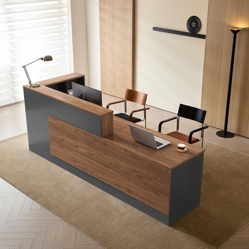L-Shaped Reception Desk with Lockable Drawers and Storage Shelves, Multi-Functional Computer Desk for Office (Left Hand L-Shaped; Walnut & Iron Gray; 87"Lx 24"W x 41"H)