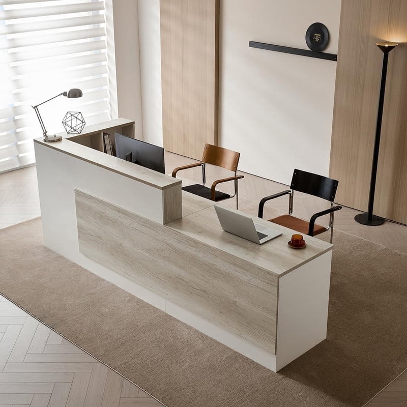 L-Shaped Reception Desk with Lockable Drawers and Storage Shelves, Multi-Functional Computer Desk for Office (Left Hand L-Shaped; Walnut & Iron Gray; 87"Lx 24"W x 41"H)