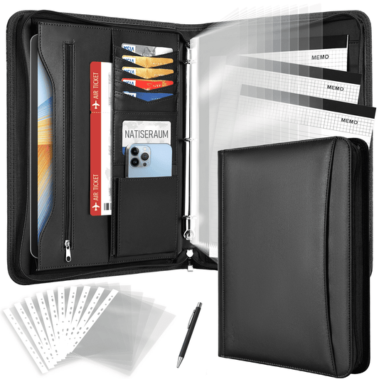 NATISERAUM Portfolio Binder, Includes 10 Sheet Protectors and 3 Notepads, 3-Ring Folder Organizer, A4 Padfolio with Zipper, Vegan Leather Tablet Sleeve,Office Supplies