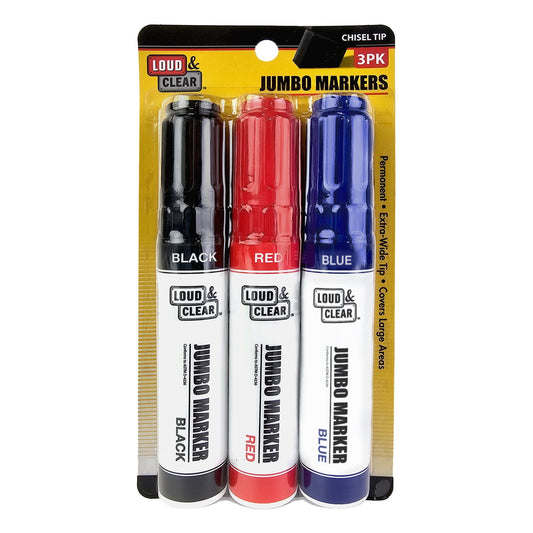 Loud & Clear -Jumbo Permanent Markers - Extra Wide Chisel Tip Marker 3pc Multi-pack, (Black, Red, Blue)