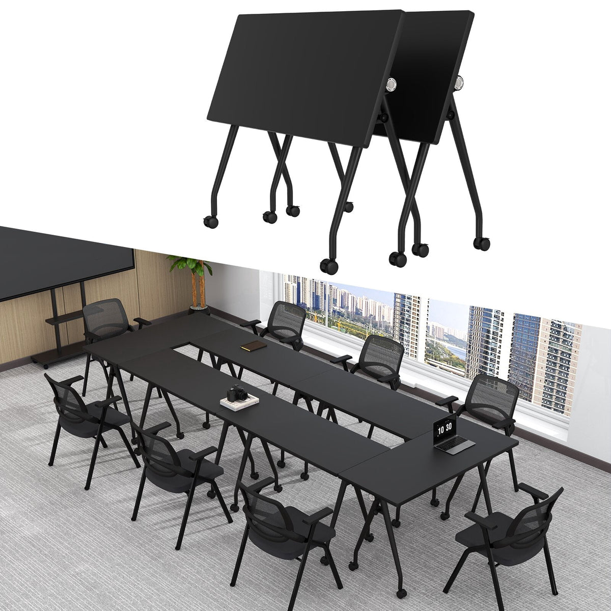 Lrxmastery Folding Conference Table, Commercial Training Desk with Lockable Casters, Sturdy Steel Frame for Classroom & Meeting Room, 4Pack