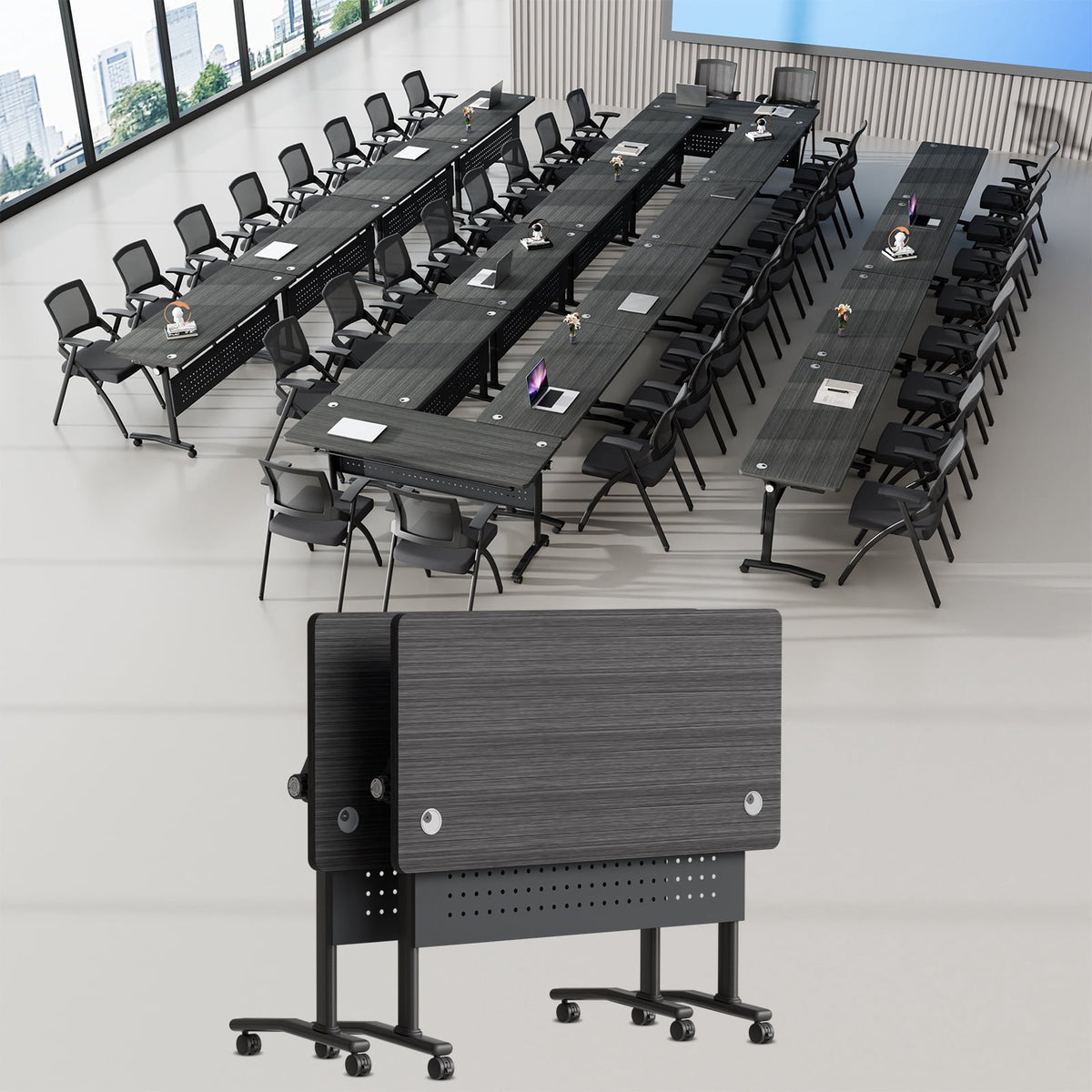 Lrxmastery Folding Conference Table, Commercial Training Desk with Lockable Casters, Sturdy Steel Frame for Classroom & Meeting Room, 4Pack