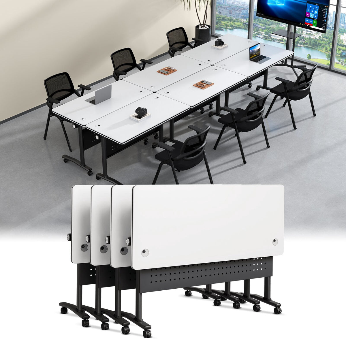 Lrxmastery Folding Conference Table, Commercial Training Desk with Lockable Casters, Sturdy Steel Frame for Classroom & Meeting Room, 4Pack