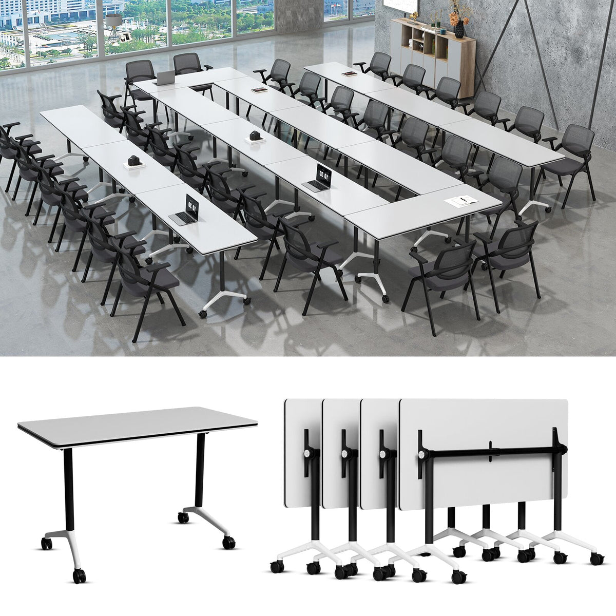 Lrxmastery Folding Conference Table, Commercial Training Desk with Lockable Casters, Sturdy Steel Frame for Classroom & Meeting Room, 4Pack