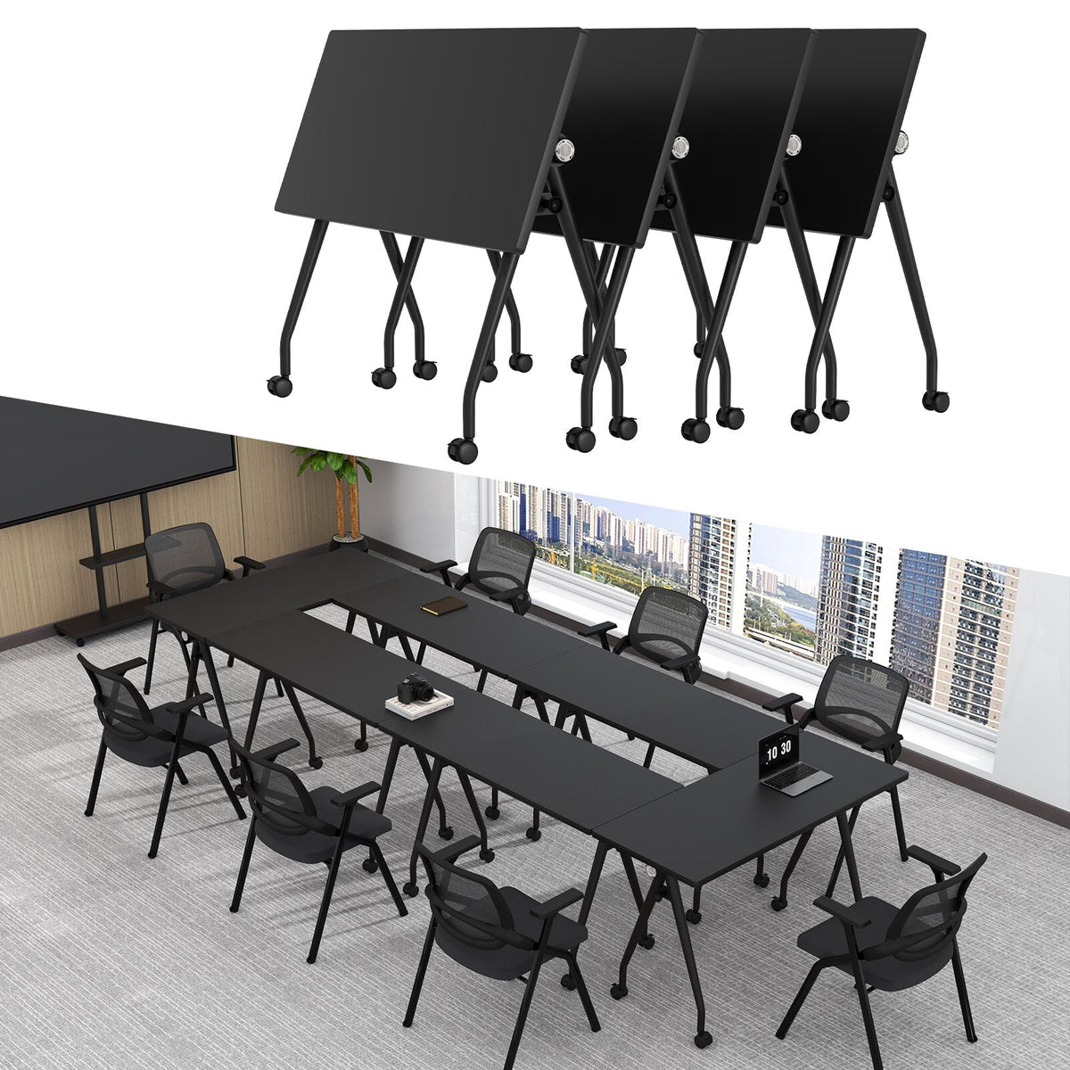 Lrxmastery Folding Conference Table, Commercial Training Desk with Lockable Casters, Sturdy Steel Frame for Classroom & Meeting Room, 4Pack