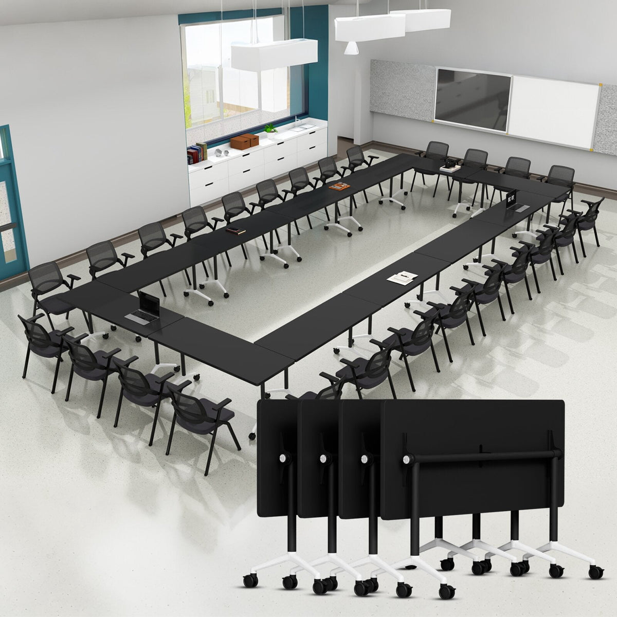 Lrxmastery Folding Conference Table, Commercial Training Desk with Lockable Casters, Sturdy Steel Frame for Classroom & Meeting Room, 4Pack