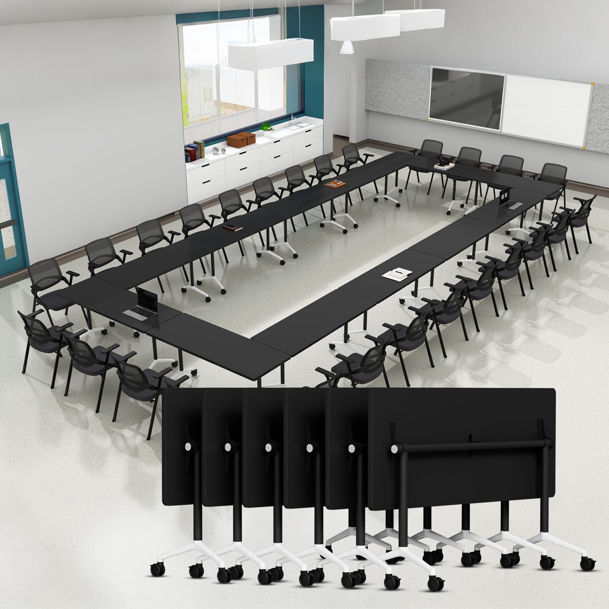 Lrxmastery Folding Conference Table, Commercial Training Desk with Lockable Casters, Sturdy Steel Frame for Classroom & Meeting Room, 4Pack