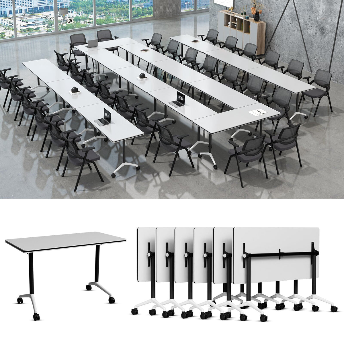 Lrxmastery Folding Conference Table, Commercial Training Desk with Lockable Casters, Sturdy Steel Frame for Classroom & Meeting Room, 4Pack