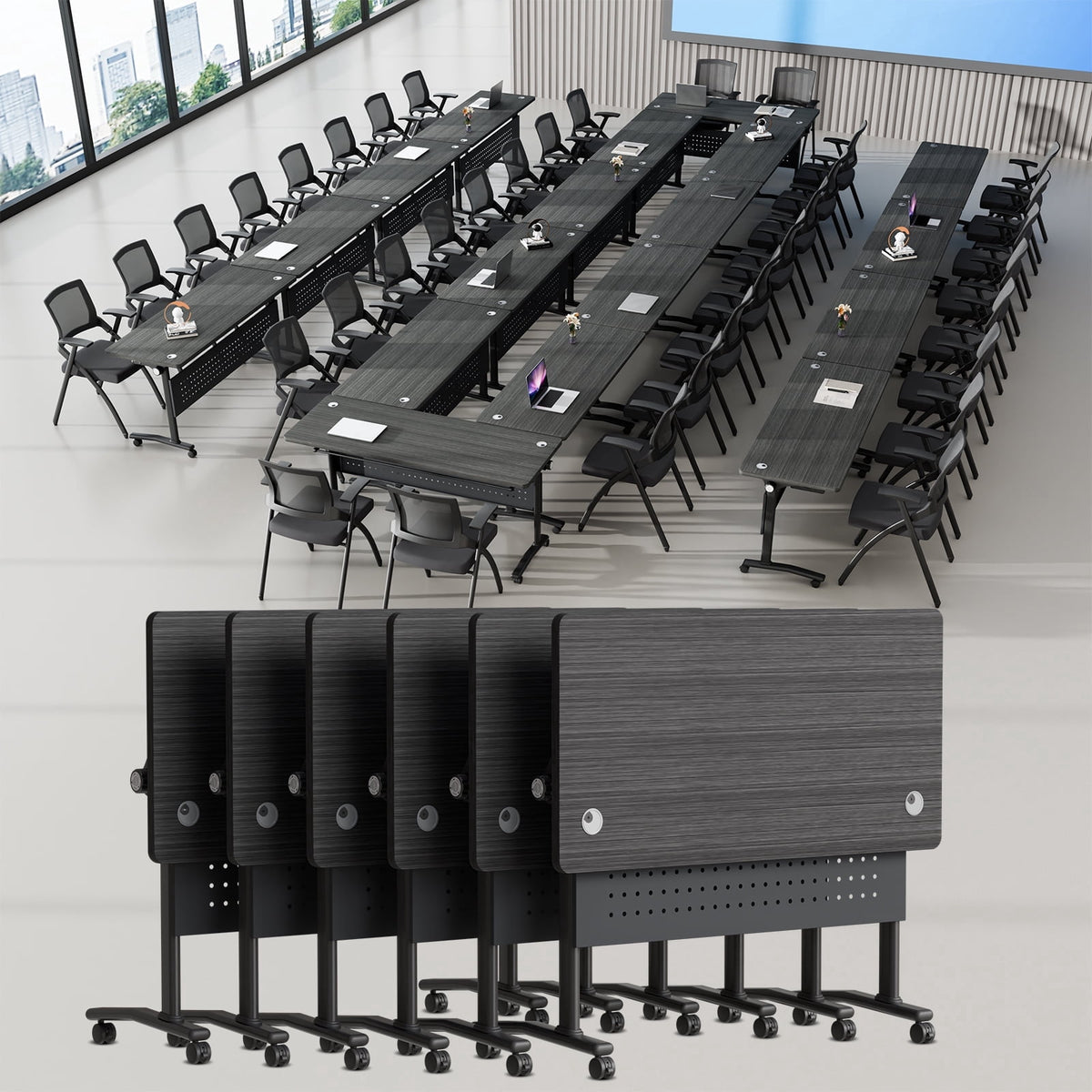 Lrxmastery Folding Conference Table, Commercial Training Desk with Lockable Casters, Sturdy Steel Frame for Classroom & Meeting Room, 4Pack