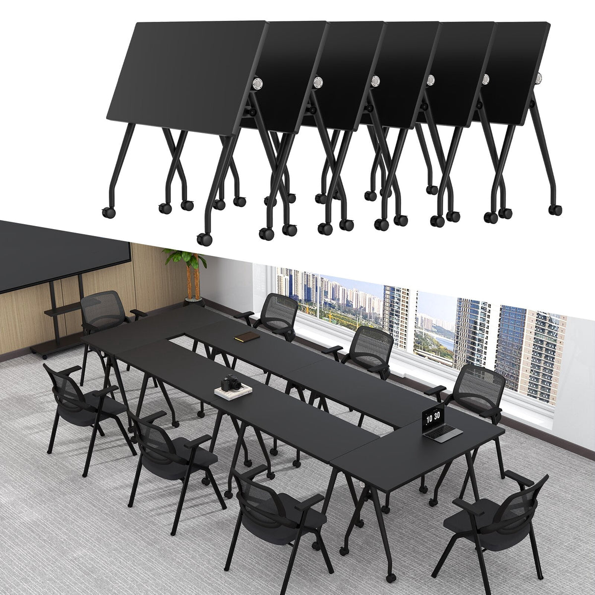 Lrxmastery Folding Conference Table, Commercial Training Desk with Lockable Casters, Sturdy Steel Frame for Classroom & Meeting Room, 4Pack