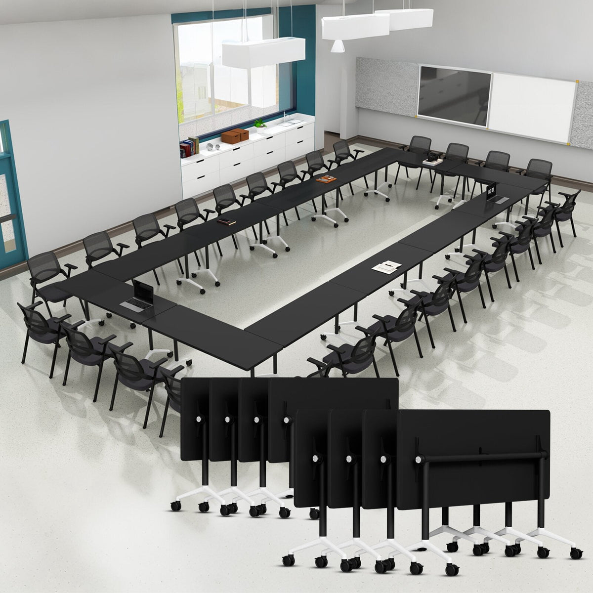 Lrxmastery Folding Conference Table, Commercial Training Desk with Lockable Casters, Sturdy Steel Frame for Classroom & Meeting Room, 4Pack