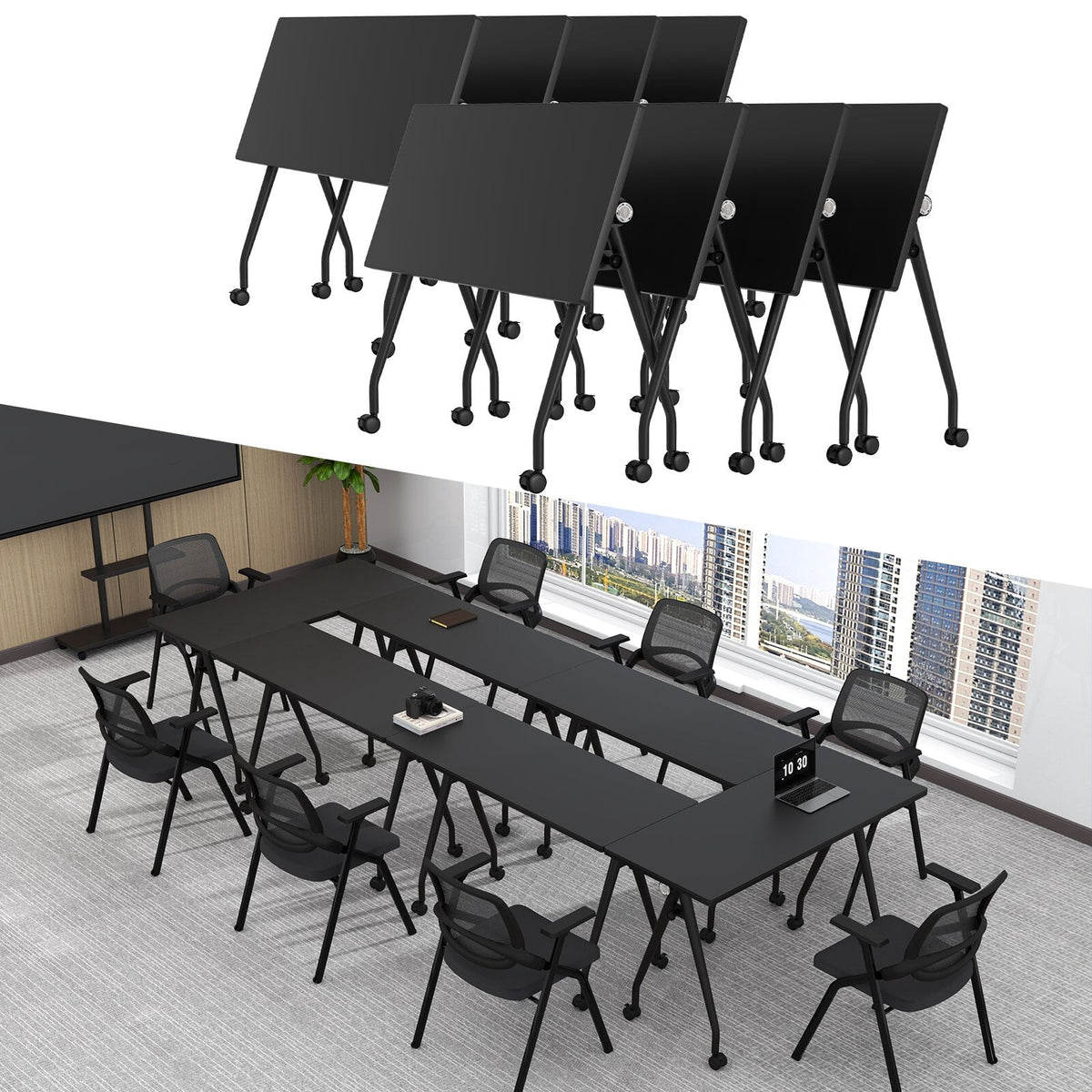Lrxmastery Folding Conference Table, Commercial Training Desk with Lockable Casters, Sturdy Steel Frame for Classroom & Meeting Room, 4Pack