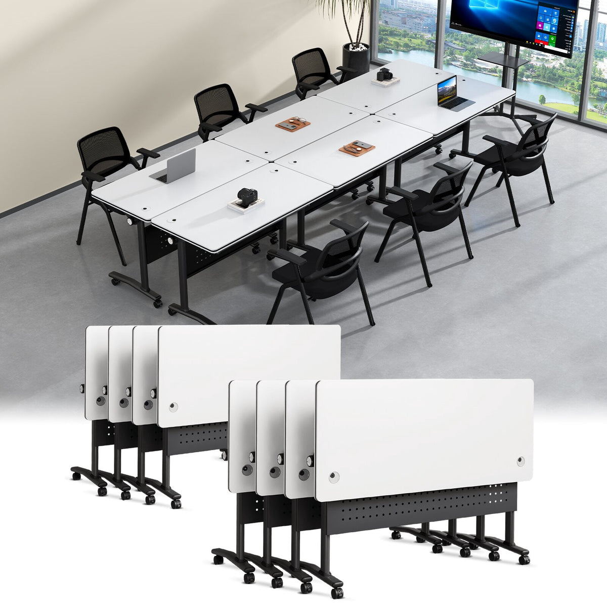 Lrxmastery Folding Conference Table, Commercial Training Desk with Lockable Casters, Sturdy Steel Frame for Classroom & Meeting Room, 4Pack
