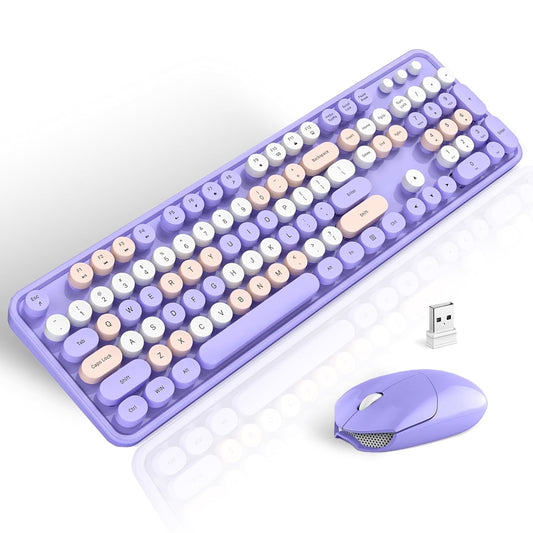 MOFII Wireless Keyboard and Mouse Combo 2.4GHz Retro Full-Size Keyboard with Number Pad and Cute Wireless Mouse for PC Desktop Laptop (Purple)