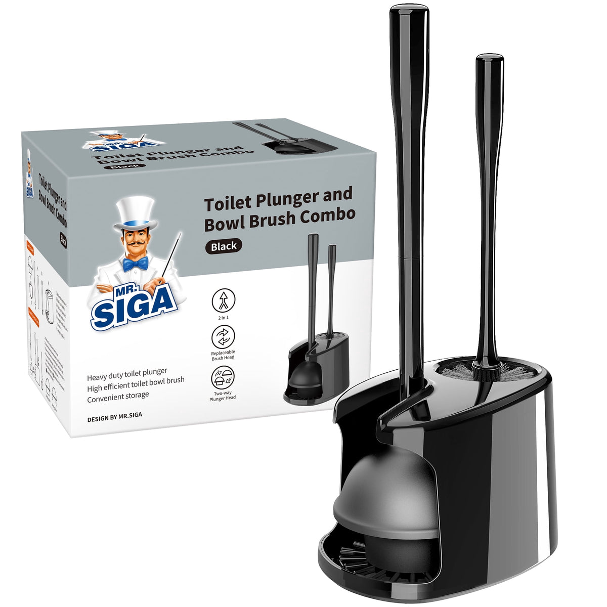 MR.SIGA Toilet Plunger and Bowl Brush Set with Holder, Bathroom Cleaning ,White,1 Set,for Adult