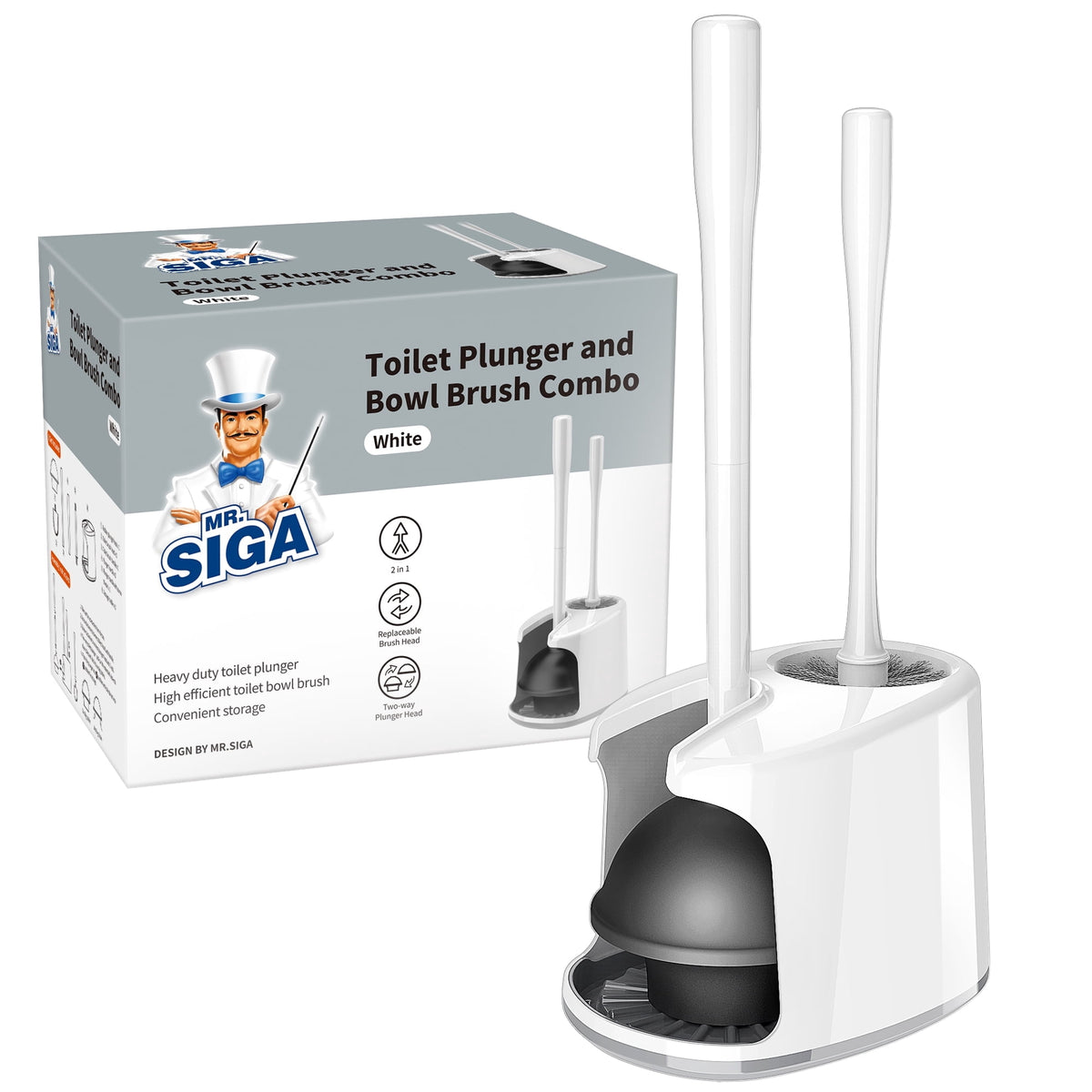 MR.SIGA Toilet Plunger and Bowl Brush Set with Holder, Bathroom Cleaning ,White,1 Set,for Adult