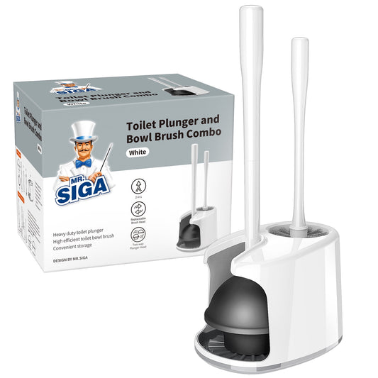 MR.SIGA Toilet Plunger and Bowl Brush Set with Holder, Bathroom Cleaning ,White,1 Set,for Adult