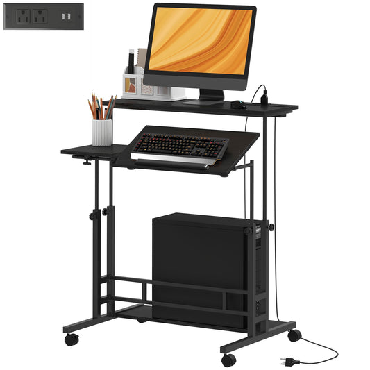 Manual Height Adjustable Standing Desk, Three-Panel Tiltable Desktop Desk with Built-in Charging Station, Lockable Caster Wheels for Home Office Studio Classroom