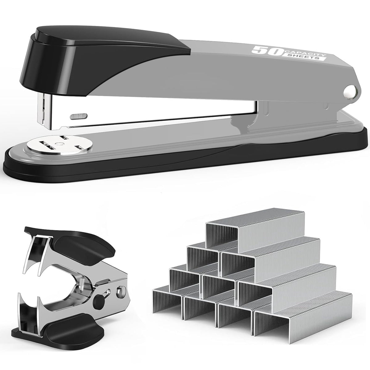 BAODELI Heavy Duty Metal Stapler, 50-Sheet Capacity, Includes Staples & Remover, Black, Full Strip for Office Desk