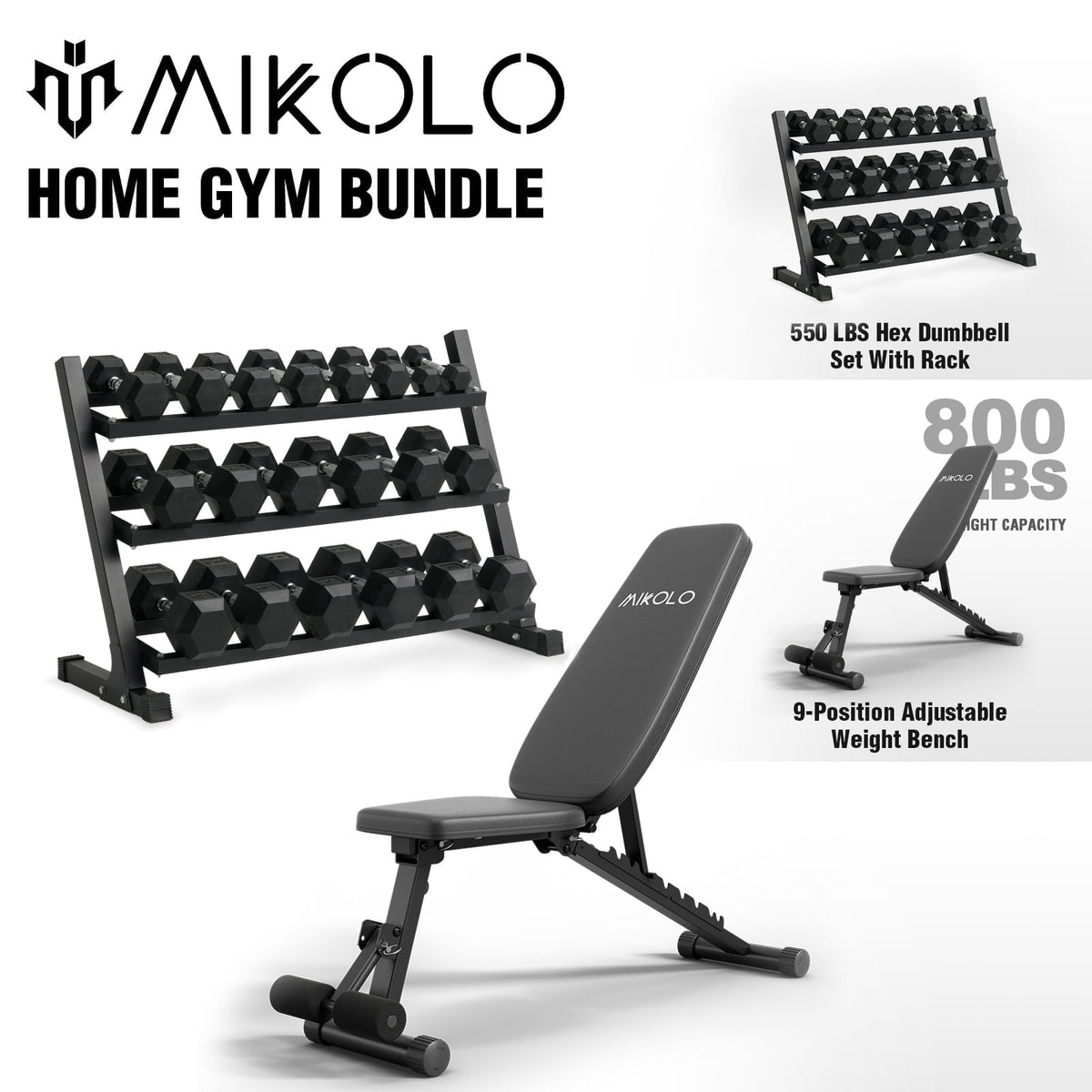 Mikolo Rubber Hex Dumbbell Set with Racks, Option in 450lbs, Strength Training Weight Set Home Gym