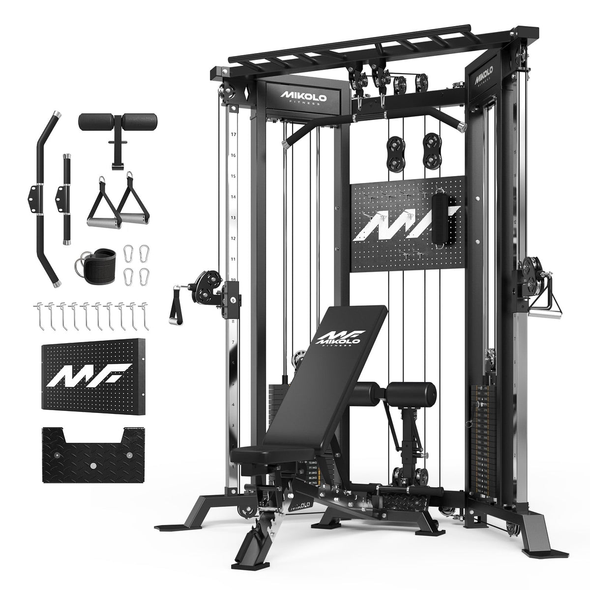 Mikolo Functional Trainer with 400lbs Weight Stack, Cable Crossover Machine with Independent Double Pulley System, 2000lbs Multi-Functional Chest Fly Machine, Lat Pulldown Machine Home Gym with Bench