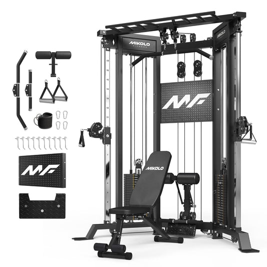 Mikolo Functional Trainer with 400lbs Weight Stack, Cable Crossover Machine with Independent Double Pulley System, 2000lbs Multi-Functional Chest Fly Machine, Lat Pulldown Machine Home Gym with Bench