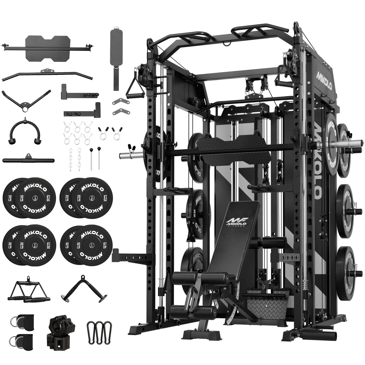Mikolo Horus Smith Machine & Functional Trainer, 2200LBS Squat Rack with Cable Crossover, 2×2"Uprights (33 Holes), Dual 128LBS Weight Stack, Dual High/Low Cables