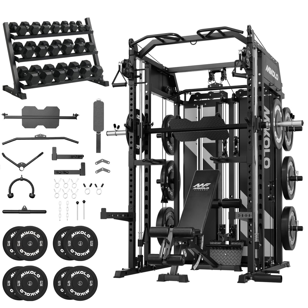 Mikolo Horus Smith Machine & Functional Trainer, 2200LBS Squat Rack with Cable Crossover, 2×2"Uprights (33 Holes), Dual 128LBS Weight Stack, Dual High/Low Cables