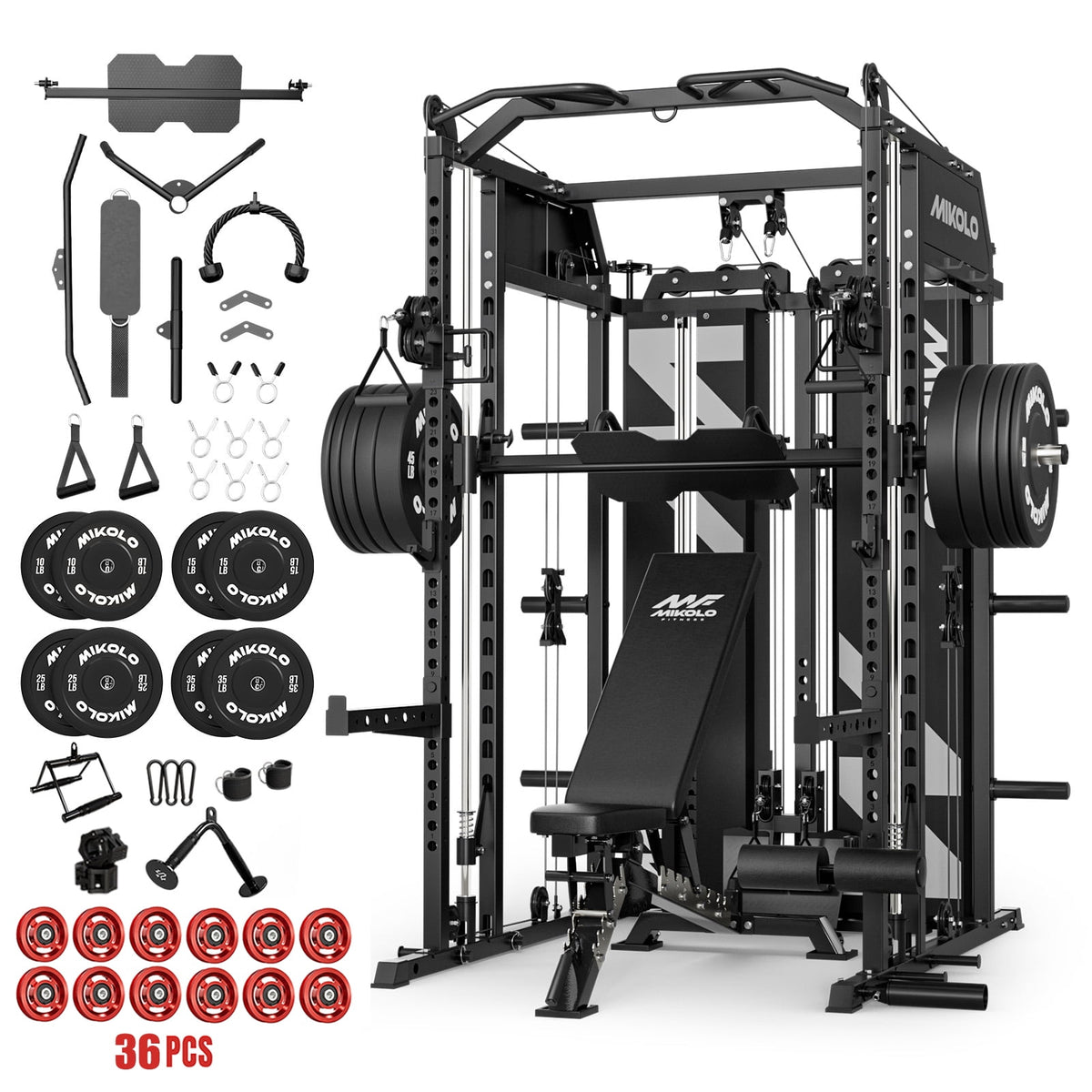 Mikolo Horus Smith Machine & Functional Trainer, 2200LBS Squat Rack with Cable Crossover, 2×2"Uprights (33 Holes), Dual 128LBS Weight Stack, Dual High/Low Cables