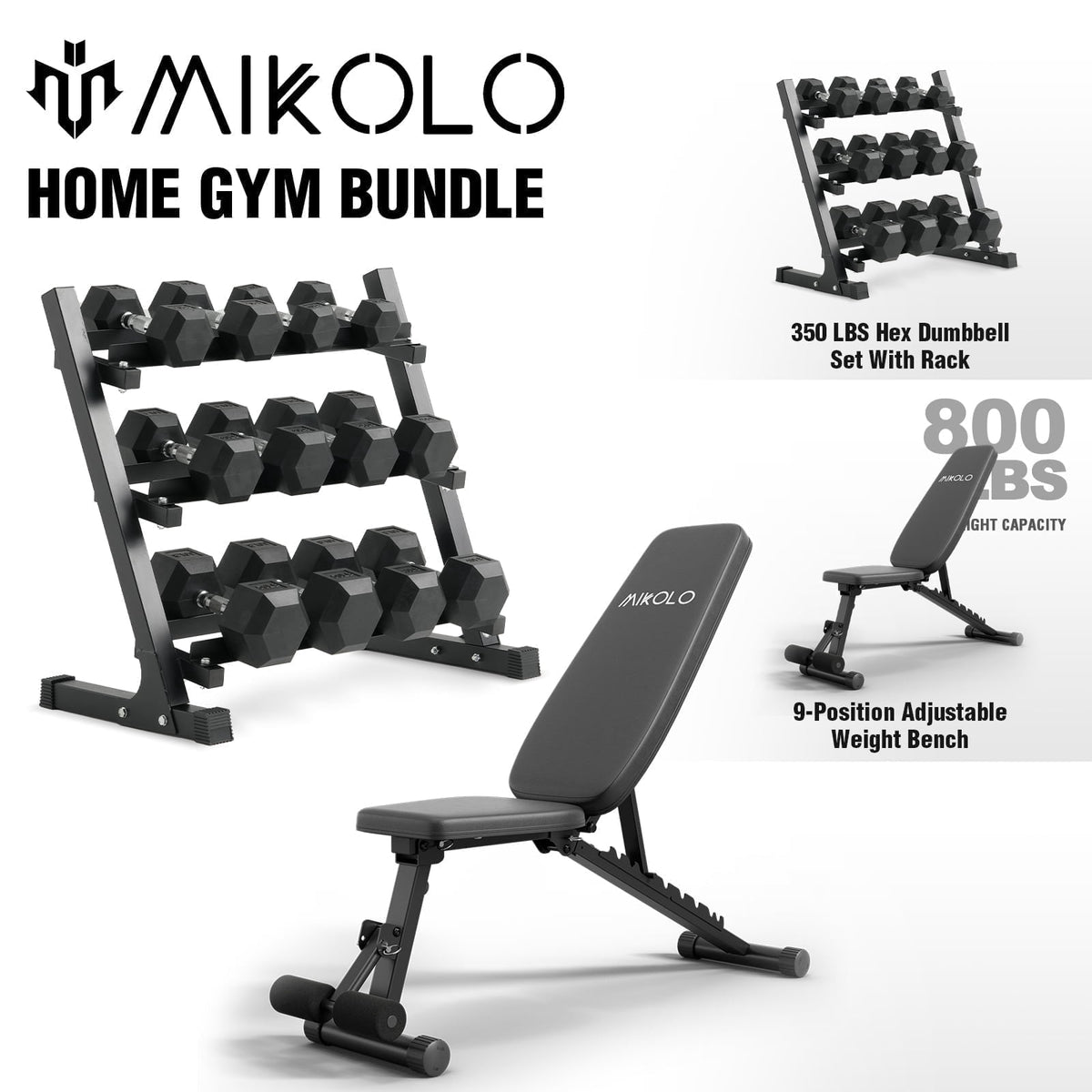 Mikolo Rubber Hex Dumbbell Set with Racks, Options in 550lbs, Strength Training Weight Set Home Gym