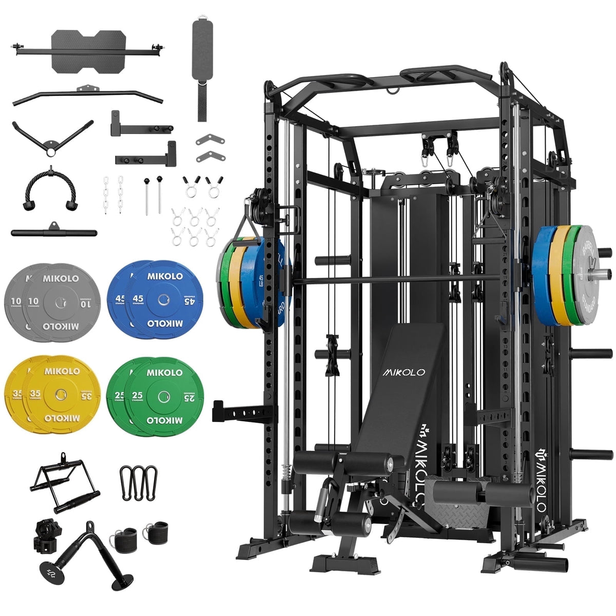 Mikolo Horus Smith Machine & Functional Trainer, 2200LBS Squat Rack with Cable Crossover, 2×2"Uprights (33 Holes), Dual 128LBS Weight Stack, Dual High/Low Cables