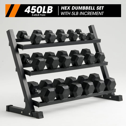 Mikolo Rubber Hex Dumbbell Set with Racks, Option in 450lbs, Strength Training Weight Set Home Gym