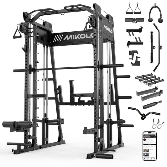 Mikolo M11 Smith Machine Home Gym, 2200LBS Power Rack with Functional Trainer, Cable Crossover, LAT Pulldown, Low Row, Landmine and Plate Storage for Full Body Strength Training