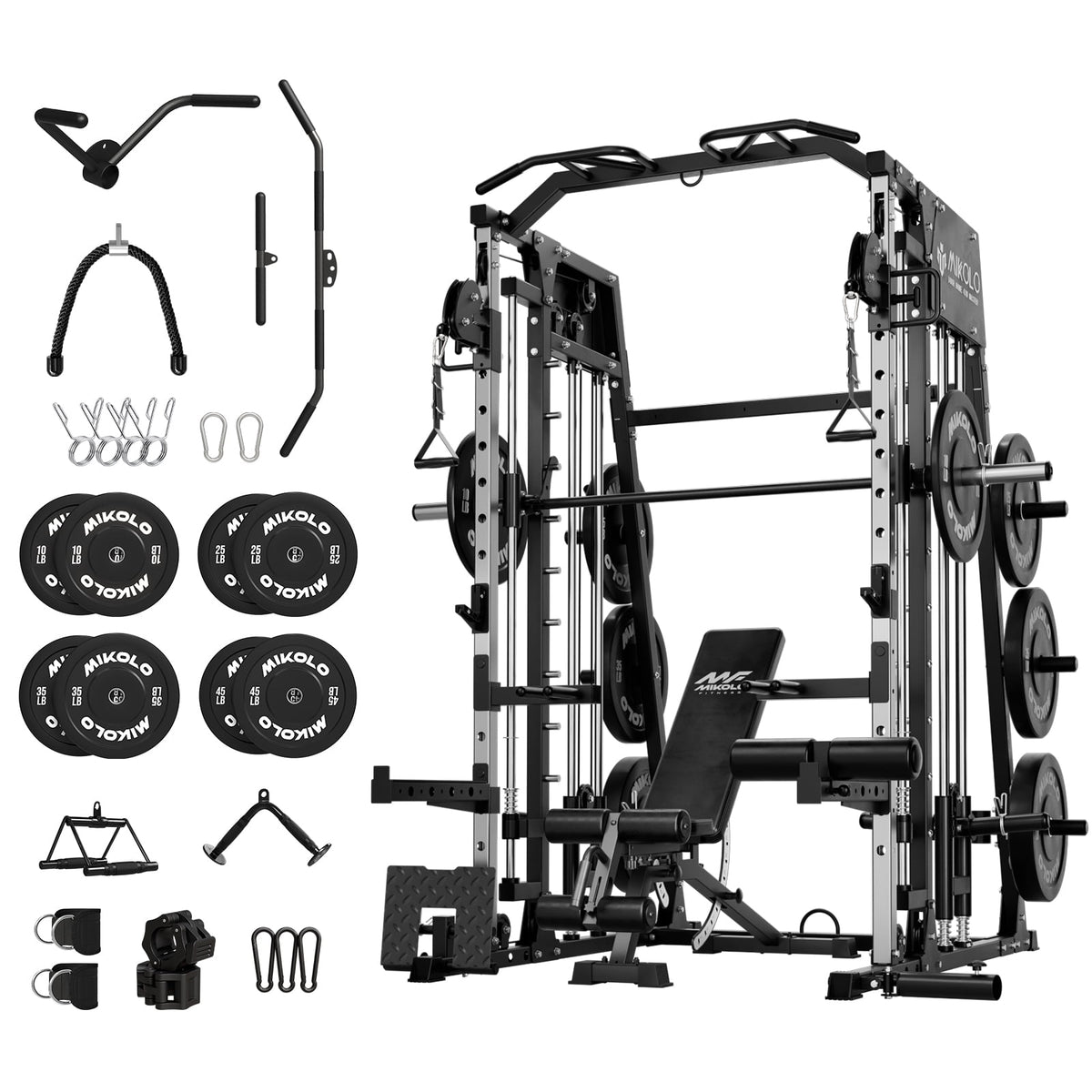 Mikolo Smith Machine Home Gym, 2200 lbs Power Rack Cage with Cable Crossover, Power Rack with 1200LB Capacity Adjustable Weight Bench and 230 lbs Weight Plate, Total Body Strength Training Equipment