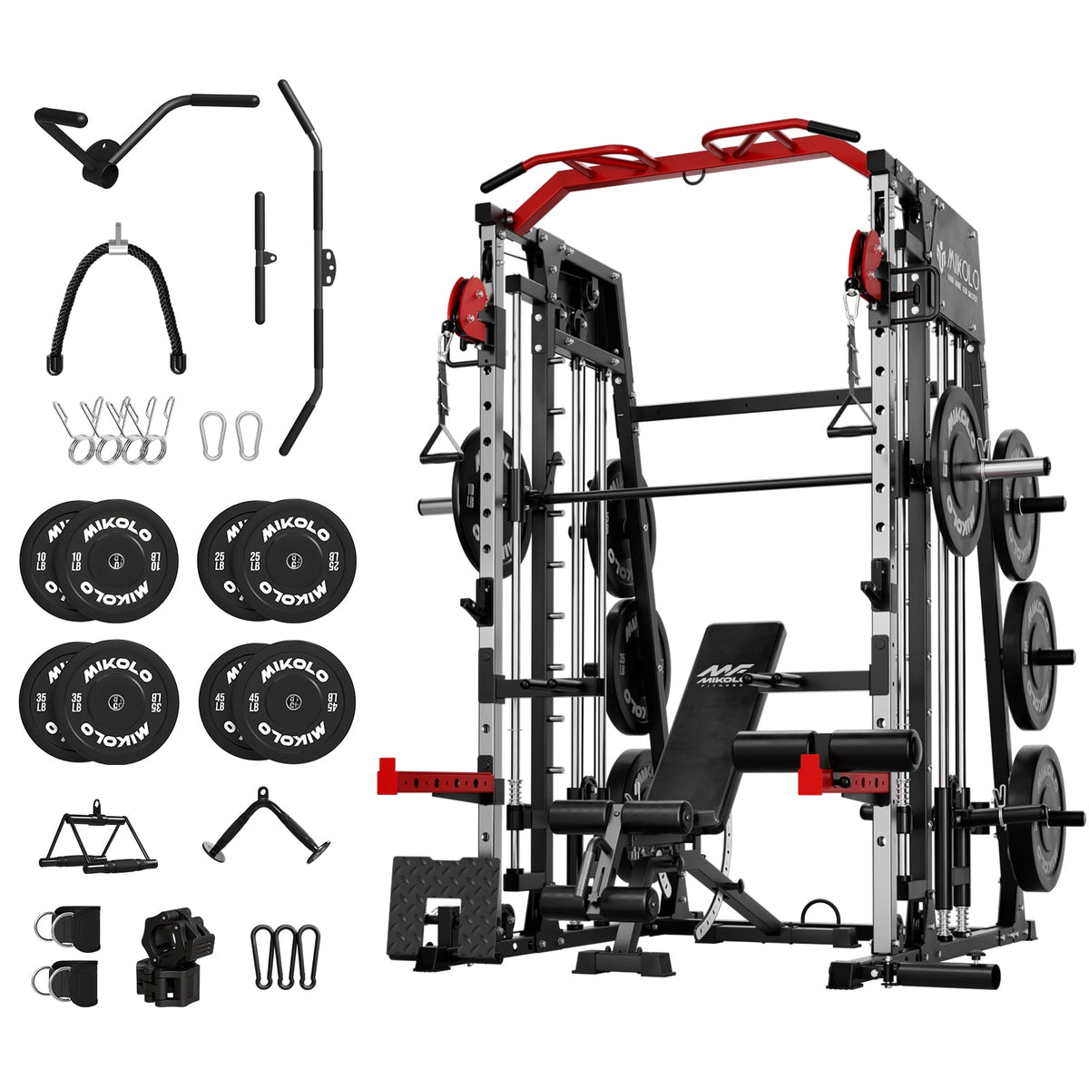 Mikolo Smith Machine Home Gym, 2200 lbs Power Rack Cage with Cable Crossover, Power Rack with 1200LB Capacity Adjustable Weight Bench and 230 lbs Weight Plate, Total Body Strength Training Equipment