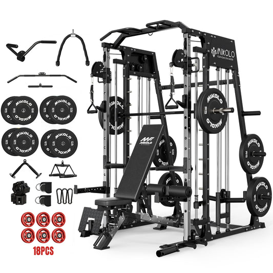Mikolo Smith Machine Home Gym, 2200 lbs Power Rack Cage with Cable Crossover, Power Rack with 1200LB Capacity Adjustable Weight Bench and 230 lbs Weight Plate, Total Body Strength Training Equipment