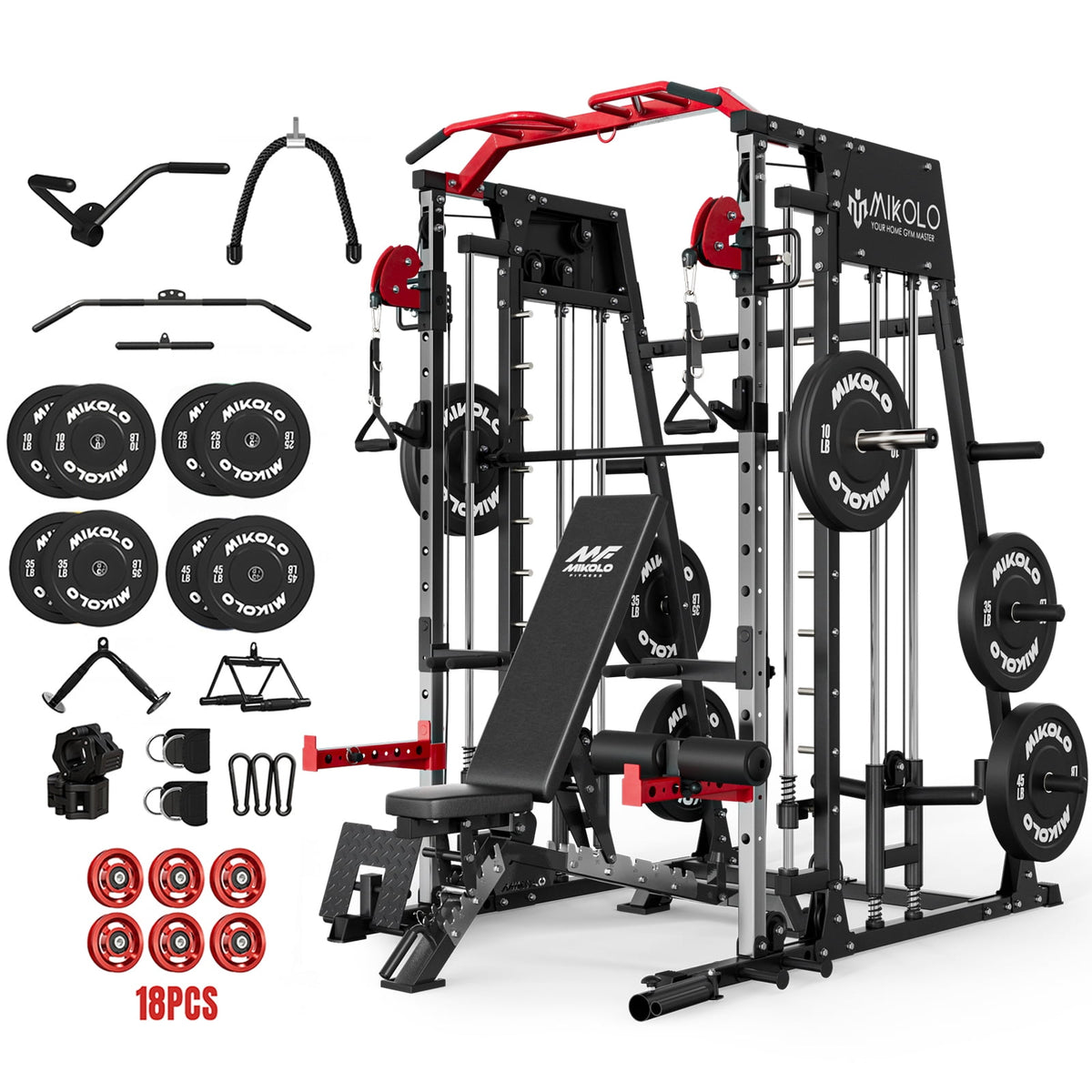 Mikolo Smith Machine Home Gym, 2200 lbs Power Rack Cage with Cable Crossover, Power Rack with 1200LB Capacity Adjustable Weight Bench and 230 lbs Weight Plate, Total Body Strength Training Equipment
