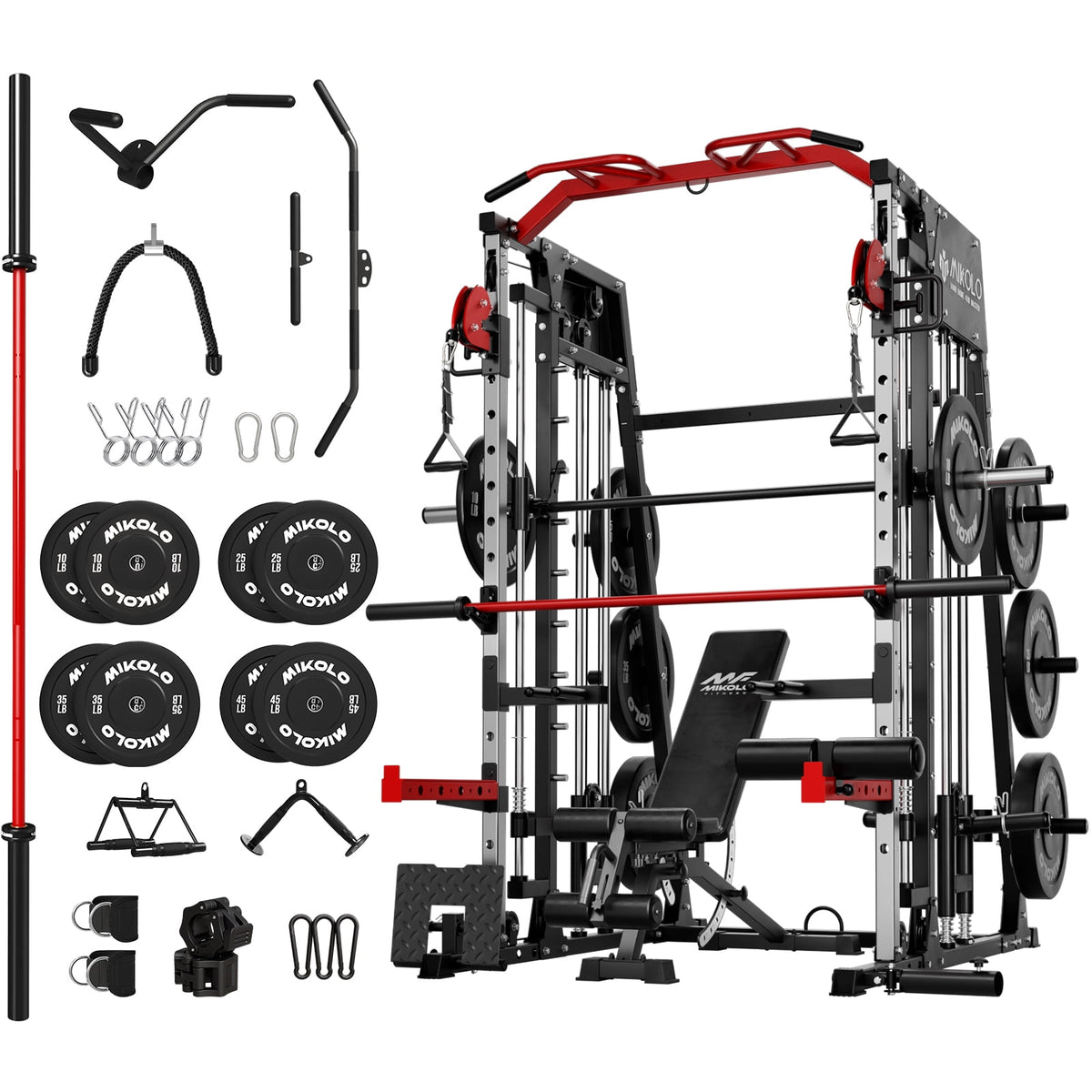 Mikolo Smith Machine Home Gym, 2200 lbs Power Rack Cage with Cable Crossover, Power Rack with 1200LB Capacity Adjustable Weight Bench and 230 lbs Weight Plate, Total Body Strength Training Equipment